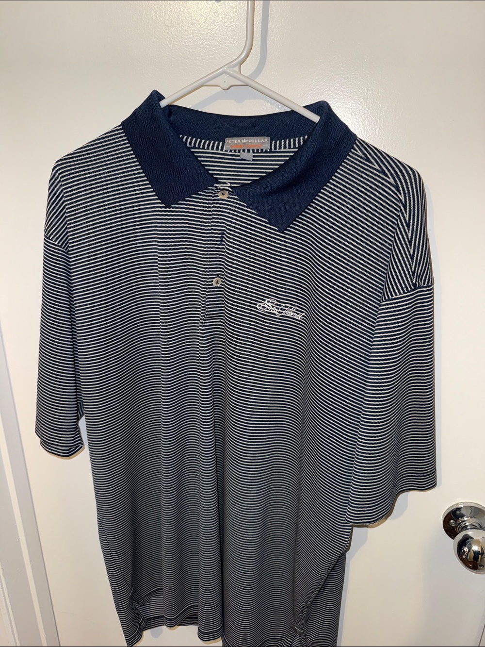 Striped Navy Polo Shirt with Contrast Collar - Peter Millar Sea Island Logo